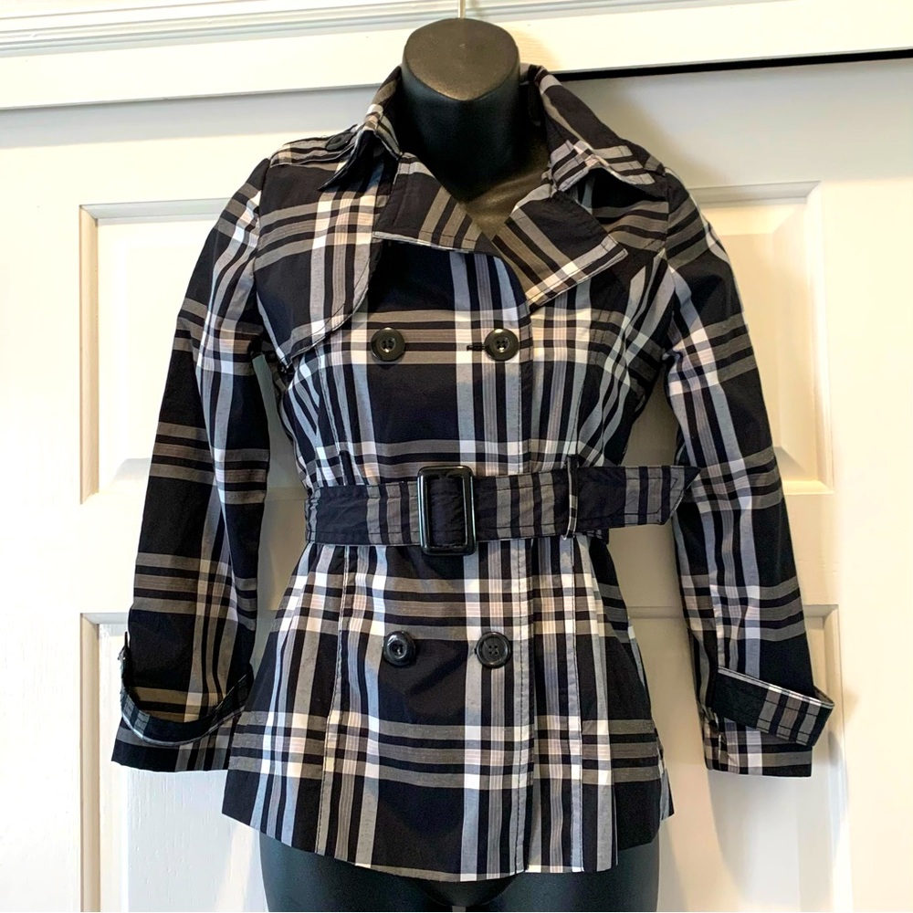 Jou Jou Plaid Double-Breasted trench coat Juniors Jacket, Juniors Small